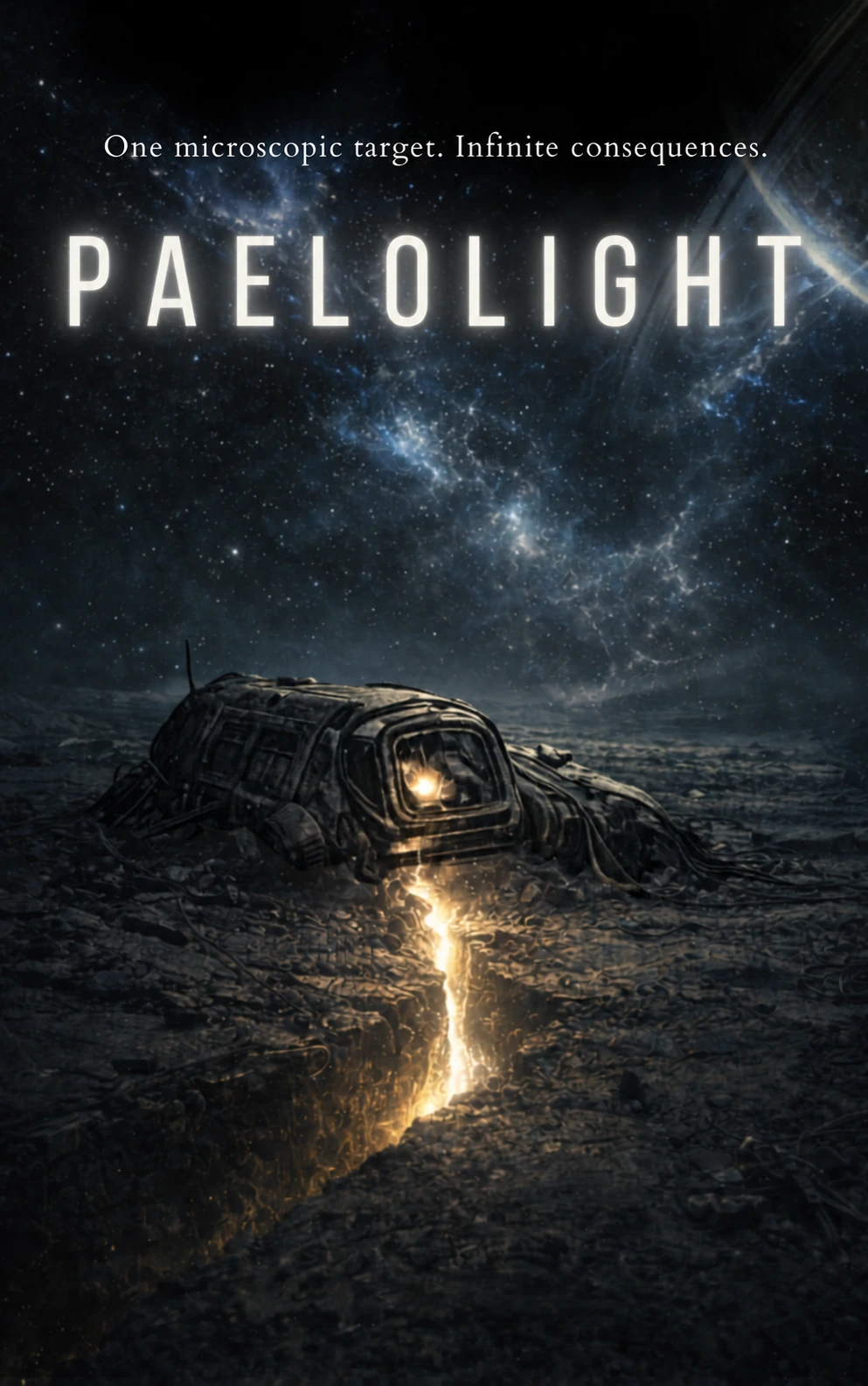 Paelolight cover, with a distant world and a small light in the darkness