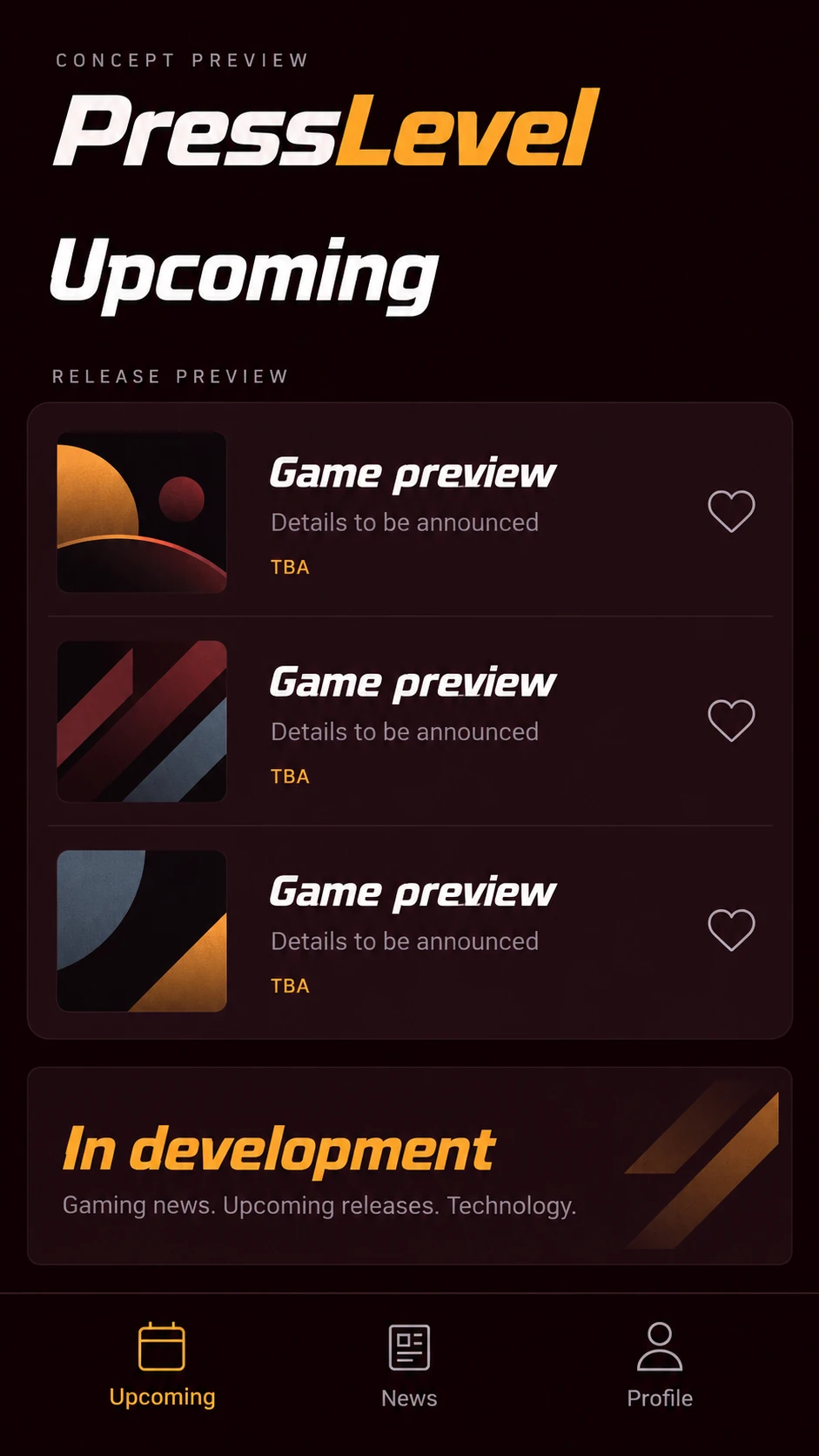 PressLevel concept preview showing its planned Upcoming, News and Profile sections