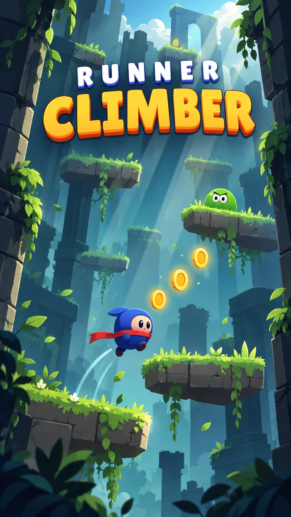 Runner Climber promotional artwork, with the blue climber, grassy platforms and gold coins