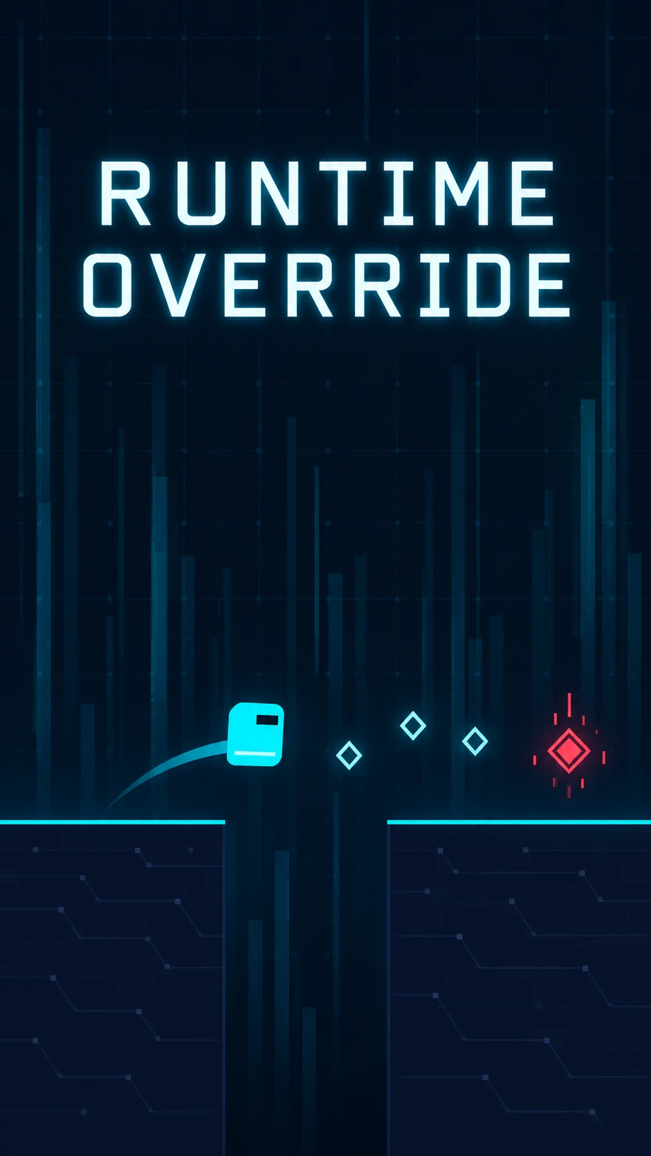 Runtime Override promotional artwork, with its cyan block character jumping between digital platforms