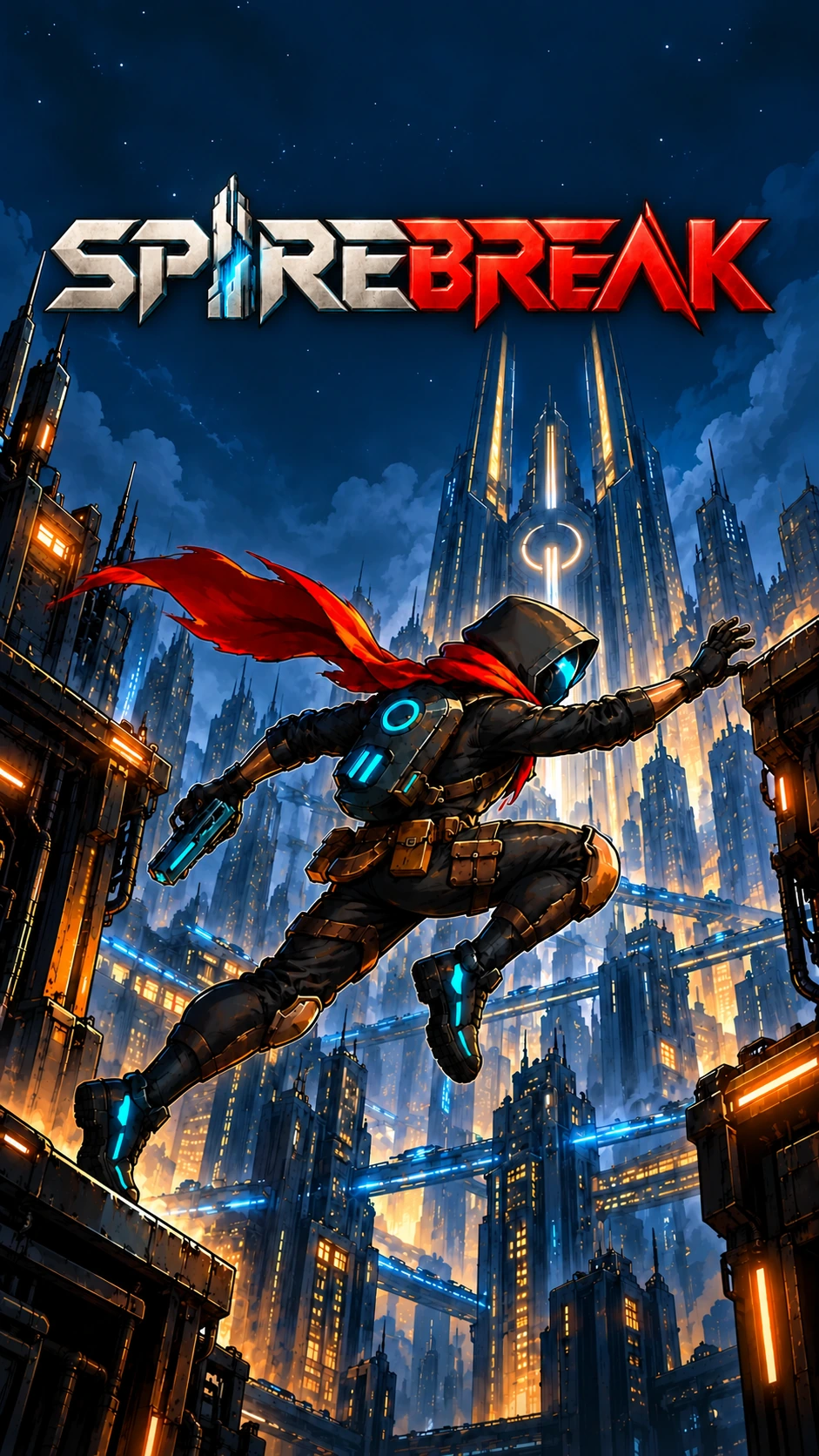 Spirebreak runner with a red scarf above the city