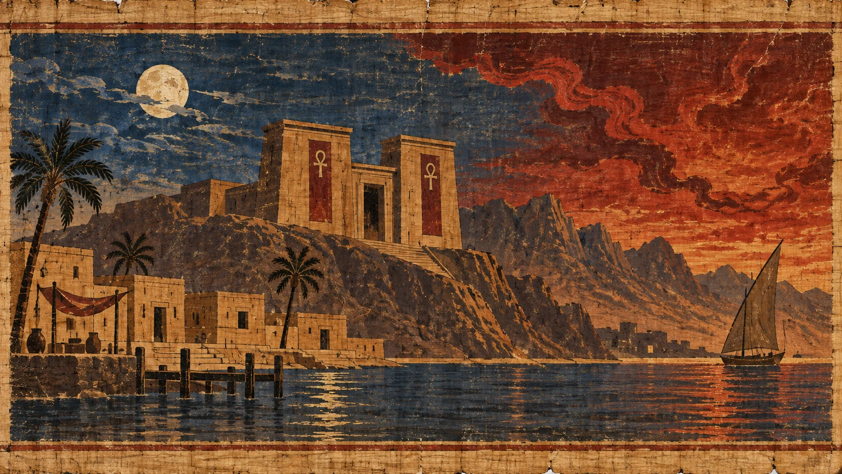 An illustrated Egyptian temple beside the Nile, surrounded by ancient symbols