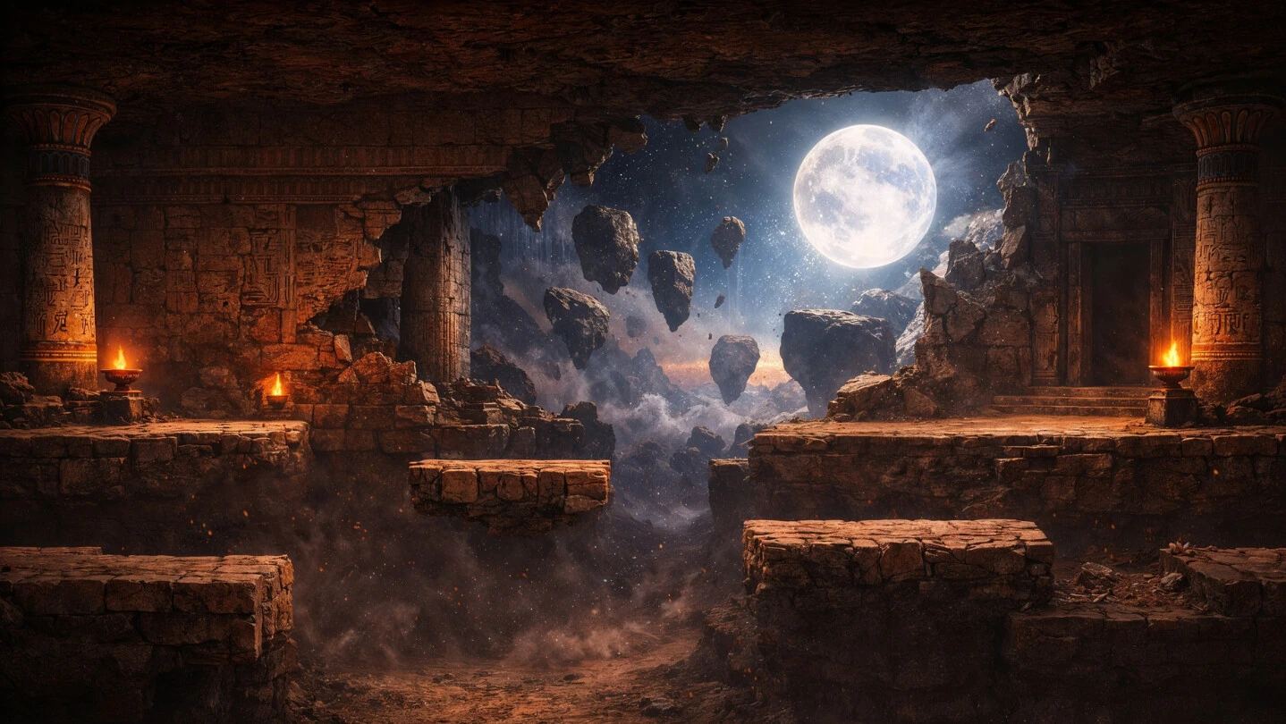 Official Shadowborn Rising artwork: ancient ruins beneath a moonlit sky